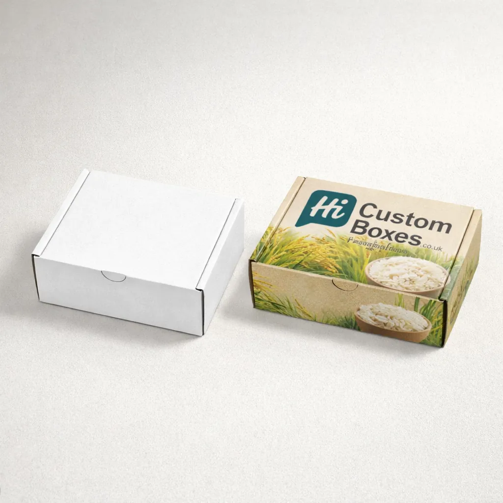 Two small rectangular cardboard mailing boxes, showing a plain white version and a custom-printed rice design. class=
